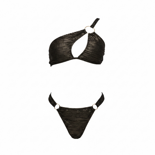 Thivalen Black Swan Tek Omuzlu Yüksek Bel Altın Kaplamalı Yuvarlak Takı Aksesuarlı Siyah Gold Parıltılı Kumaşlı 2’li Bikini Takımı Hayalet Çekim Görünümü