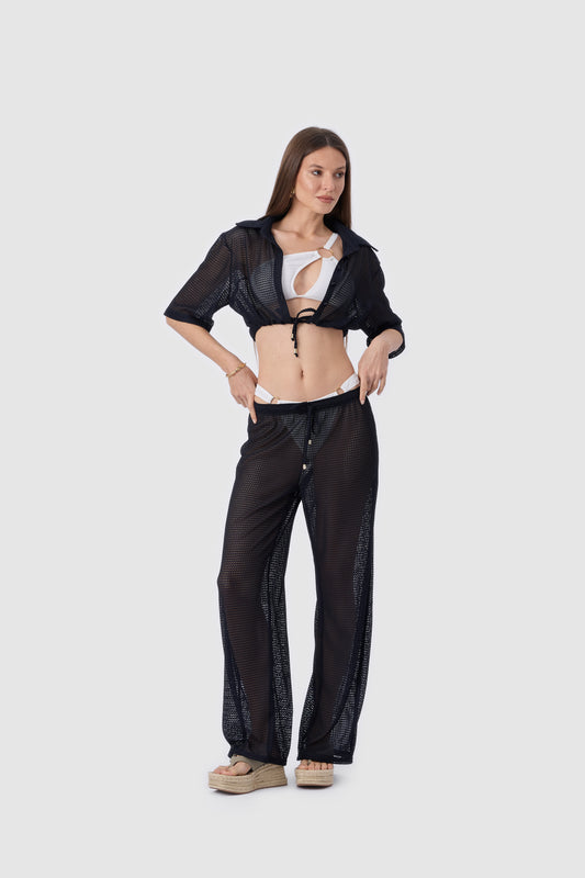 Thivalen TP-021 Lacivert Renk Desenli Alt Üst Pareo Takımı Gömlek Yakalı Düğme Detaylı Beli ve Üstü Ayarlanabilir Ön Tam Boy Görünümü