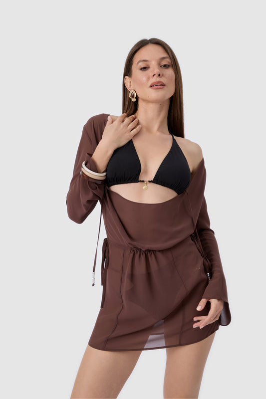 TP-023 Kahverengi Beli Ayarlanabilir Şifon Pareo