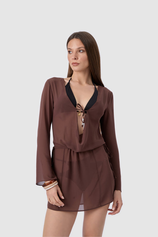 TP-023 Kahverengi Beli Ayarlanabilir Şifon Pareo