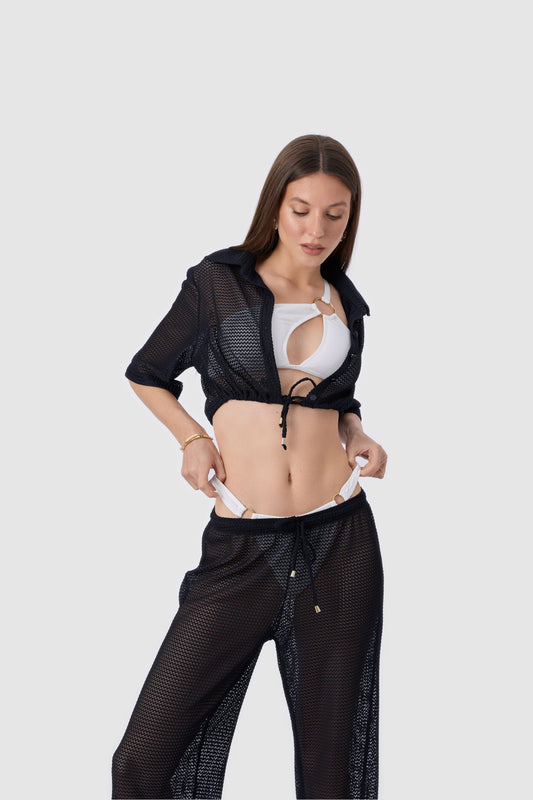 Thivalen TP-021 Lacivert Renk Desenli Alt Üst Pareo Takımı Gömlek Yakalı Düğme Detaylı Beli ve Üstü Ayarlanabilir Ön Görünüm